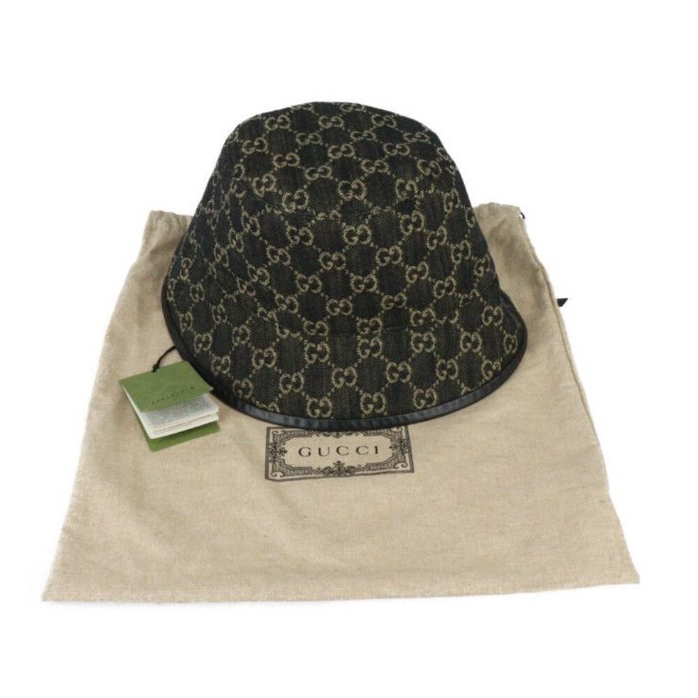Gucci Bucket Hat GG Canvas Leather Black Beige Hat - Picture 10 of 10